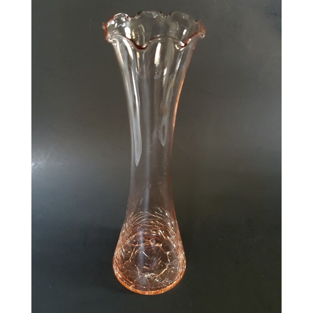 8" Romantic Cottage Blush Pink Crackle Glass Blown Bud Flower Vase Ruffled Edge
